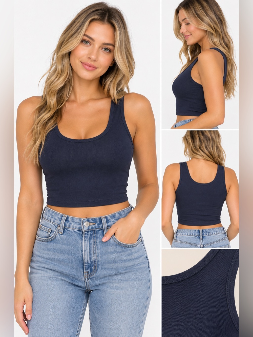 NWOT Cotton Basic Sleeveless Navy Racerback Sports Crop Tank Top
